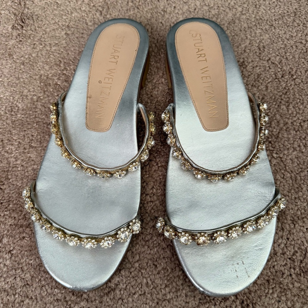 STUART WEITZMAN Aleena Embellished Crystal Metallic Leather Slides Flat Sandals